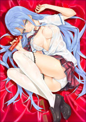 Rule 34 | 1girl, areola slip, bishoujo mangekyou, blue hair, blush, breasts, cleavage, collared shirt, college shirt, covered erect nipples, embarrassed, green eyes, happoubi jin, large breasts, long hair, long legs, looking at viewer, lying, medium breasts, multicolored eyes, necktie, no bra, official art, open clothes, open shirt, panties, parted lips, sawatari shizuku, school uniform, see-through, shirt, shoes, short sleeves, skirt, solo, sweat, thighhighs, underwear, very long hair, wet, wet clothes, wet shirt, white panties, white thighhighs