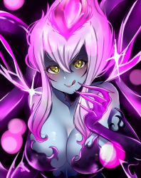 Rule 34 | 1girl, blue skin, breasts, claws, cleavage, colored skin, darkness, evelynn (league of legends), facial mark, fiery hair, hand to own mouth, highres, large breasts, league of legends, licking lips, looking at viewer, mint mia, sidelocks, slit pupils, smile, solo, tentacles, tongue, tongue out, white hair, yellow eyes