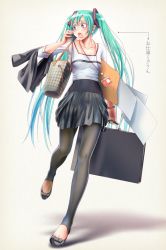 Rule 34 | 1girl, bag, black leggings, blush, breasts, briefcase, casual, cellphone, envelope, full body, green hair, hair ornament, hatsune miku, holding, holding clothes, id card, lanyard, leggings, legs, long hair, medium breasts, multicolored eyes, no socks, open mouth, papers, phone, skirt, solo, talking, translated, twintails, very long hair, vocaloid, wokada