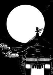 Rule 34 | 10s, 1girl, architecture, comic, east asian architecture, full moon, greyscale, house, kaga3chi, kantai collection, light, monochrome, moon, night, night sky, noren, scarf, sendai (kancolle), sendai kai ni (kancolle), silhouette, sky, solo, star (sky), starry sky, translation request, tree, two side up, window