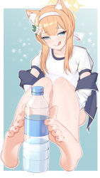 Rule 34 | 1girl, absurdres, animal ear fluff, animal ears, barefoot, blue archive, blue eyes, blush, bottle, feet, foreshortening, gym uniform, hairband, highres, jacket, licking lips, long hair, looking at viewer, mari (blue archive), mari (track) (blue archive), orange hair, soles, sweat, toes, tongue, tongue out, track jacket, water bottle