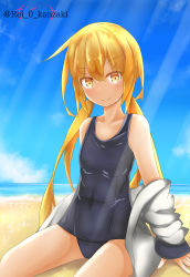 Rule 34 | 1girl, absurdres, beach, blonde hair, blue sky, blue one-piece swimsuit, breasts, cloud, collarbone, cosplay, covered navel, crescent, crescent hair ornament, crescent pin, etsuransha no rei, hair between eyes, hair ornament, highres, indoors, jacket, kantai collection, long hair, long sleeves, looking at viewer, low twintails, ocean, one-piece swimsuit, sand, satsuki (kancolle), school swimsuit, sitting, sky, small breasts, solo, swimsuit, twintails, twitter username, water, white jacket, yukikaze (kancolle), yukikaze (kancolle) (cosplay)