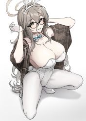 Rule 34 | 1girl, absurdres, akane (blue archive), akane (bunny) (blue archive), animal ears, black-framed eyewear, blue archive, blush, breasts, brown shawl, cleavage, collarbone, detached sleeves, fake animal ears, full body, glasses, gloves, grey hair, hair between eyes, halo, high heels, highres, large breasts, leotard, long hair, looking at viewer, pantyhose, plaid shawl, playboy bunny, rabbit ears, rabbit tail, shawl, simple background, smile, solo, spread legs, squatting, tail, ushimochi, very long hair, white background, white footwear, white gloves, white pantyhose
