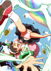 00s 1girl backpack bag bakemonogatari cloud fang female_focus hachikuji_mayoi legs monogatari_(series) open_mouth outdoors panties rainbow randoseru shirono sky snail solo underwear upside-down