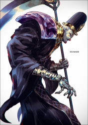 Rule 34 | 1other, armor, artist name, black tunic, death 13, hat, holding, holding scythe, jewelry, jojo no kimyou na bouken, k-suwabe, mask, pauldrons, scythe, shoulder armor, simple background, smile, solo, stand (jojo), stardust crusaders, tunic, weapon, white background