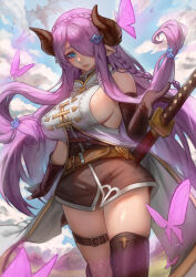 Rule 34 | 1girl, absurdres, asymmetrical gloves, belt, blue eyes, braid, breasts, brown belt, brown gloves, brown thighhighs, bug, butterfly, butterfly hair ornament, closed mouth, cloud, curled horns, dragon, draph, elbow gloves, fingerless gloves, gloves, granblue fantasy, hair ornament, hair over one eye, highres, horns, insect, katana, large breasts, long hair, looking at viewer, maoer (sam51417), narmaya (granblue fantasy), outdoors, pointy ears, purple hair, sheath, sheathed, shirt, sideboob, single braid, single elbow glove, single fingerless glove, single thighhigh, sky, sleeveless, sleeveless shirt, solo, sword, thigh belt, thigh strap, thighhighs, uneven gloves, very long hair, weapon, white shirt