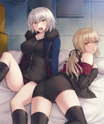 Rule 34 | artoria pendragon (all), artoria pendragon (fate), black panties, black shirt, black socks, blouse, fate/grand order, fate (series), highres, jeanne d&#039;arc (fate), jeanne d&#039;arc (ruler) (fate), jeanne d&#039;arc alter (fate), jeanne d&#039;arc alter (ver. shinjuku 1999) (fate), jewelry, kneehighs, necklace, no pants, official alternate costume, panties, saber (fate), saber alter, saber alter (ver. shinjuku 1999) (fate), shirt, short shorts, shorts, sitting, socks, thighhighs, thighs, underwear