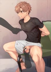 Rule 34 | 1boy, arms behind back, bar censor, black shirt, blush, bound, bound ankles, bound wrists, brown eyes, brown hair, censored, chair, clenched teeth, clothing aside, flaccid, grey shorts, highres, male focus, nayoshi (r-744), nipple stimulation, nipple tweak, no male underwear, original, penis, restrained, shirt, short hair, shorts, shorts aside, sitting, teeth, testicle grab, testicles