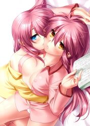 Rule 34 | 2girls, arm above head, arm around waist, blue eyes, blush, book, breasts, collarbone, commentary request, dress shirt, dutch angle, eyelashes, eyes visible through hair, futaki kanata, hair between eyes, hair down, heads together, hug, large breasts, little busters!, long hair, long sleeves, looking at viewer, lying, multiple girls, no bra, off shoulder, on back, on side, open book, open clothes, open shirt, parted lips, pink shirt, purple hair, saigusa haruka, shirt, siblings, sidelocks, simple background, sisters, twins, white background, yellow eyes, yellow shirt, zen (kamuro)
