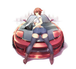 Rule 34 | 1girl, arched back, ass, black thighhighs, boots, breasts, brown eyes, brown footwear, brown hair, car, knee boots, large breasts, looking at viewer, looking back, mazda, mazda rx-7, mazda rx-7 fd, motor vehicle, original, packge, short hair, short shorts, short sleeves, shorts, solo, tank top, thighhighs, vehicle, vehicle focus