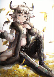 Rule 34 | 1girl, :3, :q, absurdres, ahoge, animal ears, black choker, black pants, blush, breasts, choker, chromatic aberration, closed mouth, commentary, cow ears, cow girl, cow horns, cow tail, crop top, eyewear on head, fang, fur-trimmed jacket, fur trim, grey eyes, grey hair, groin, hair between eyes, hand on own chest, highres, horns, huge filesize, jacket, knee up, latex, latex pants, long sleeves, looking at viewer, midriff, mirage (rairudiseu), money, money rain, navel, open clothes, open jacket, original, pants, shadow, shirt, short hair, sidelocks, simple background, sitting, skin fang, small breasts, smile, solo, sunglasses, symbol-only commentary, tail, tongue, tongue out, white background, white jacket, white shirt