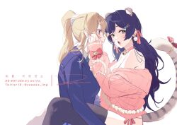 2girls animal_ears ayase_eli black_thighhighs blonde_hair blue_eyes bow cat_ears cat_tail collar green_eyes hair_ornament hair_scrunchie hands_on_another&#039;s_face looking_at_another love_live! love_live!_school_idol_project multiple_girls pink_nails pink_sweater purple_hair red_bow red_ribbon ribbon scrunchie sweater tail thighhighs tojo_nozomi white_scrunchie yuri zawawa_(satoukibi1108)