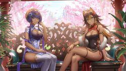 Rule 34 | 2girls, alternate costume, anbe yoshirou, bare shoulders, blue eyes, blue hair, breasts, candace (genshin impact), china dress, chinese clothes, circlet, cleavage cutout, clothing cutout, couch, dark-skinned female, dark skin, dehya (genshin impact), dress, flower, genshin impact, grin, hair flower, hair ornament, highres, long hair, looking at viewer, medium breasts, multiple girls, pelvic curtain, short hair with long locks, sitting, smile, teeth, thighhighs, thighs, yellow eyes