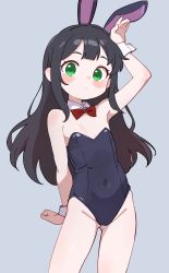 Rule 34 | 1girl, absurdres, arm at side, arm up, bare arms, bare shoulders, black hair, black leotard, blush, bow, bowtie, closed mouth, collar, covered navel, cowboy shot, detached collar, expressionless, flat chest, gluteal fold, green eyes, grey background, groin, highres, leotard, lk149, long hair, looking at viewer, original, playboy bunny, rabbit ears, rabbit pose, red bow, red bowtie, sidelocks, simple background, solo, standing, white collar, white wrist cuffs, wrist cuffs