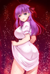 Rule 34 | 1girl, absurdres, ass, aura, blush, breasts, commentary, cowboy shot, fate/stay night, fate (series), from behind, gradient background, hair ribbon, highres, ishigami kazui, large breasts, long hair, looking at viewer, looking back, matou sakura, official alternate costume, open mouth, petals, puffy short sleeves, puffy sleeves, purple eyes, purple hair, red background, red ribbon, ribbon, short sleeves, skirt hold, smile, solo, thighs, underbust