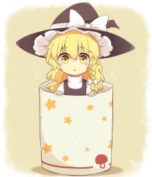Rule 34 | 1girl, :o, blush, blush stickers, braid, commentary, cup, food print, hat, in container, in cup, kirisame marisa, long hair, looking at viewer, mini person, minigirl, mushroom print, riza dxun, side braid, single braid, solo, star (symbol), star print, touhou, turtleneck, wavy hair, witch hat