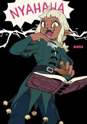 Rule 34 | 1boy, :3, artist name, bell, bixelswixels, black background, blonde hair, blue pantyhose, book, braid, braided ponytail, commentary, dark-skinned male, dark skin, dungeon meshi, elf, english commentary, evil smile, feet out of frame, floating, floating book, floating object, hand up, jester, jingle bell, laughing, long sleeves, male focus, open book, open mouth, orange eyes, pantyhose, pointy ears, puff and slash sleeves, puffy sleeves, sidelocks, simple background, smile, solo, speech bubble, symbol-shaped pupils, thistle (dungeon meshi)