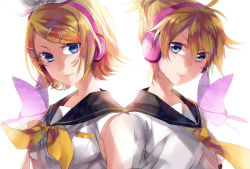 Rule 34 | 1boy, 1girl, blonde hair, blue eyes, brother and sister, bug, butterfly, butterfly wings, hair ornament, hair ribbon, hairclip, headphones, highres, insect, insect wings, kagamine len, kagamine rin, migikata no chou (vocaloid), ribbon, shion (kizuro), short hair, siblings, twins, vocaloid, wings