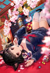 Rule 34 | 1girl, animal ears, black hair, blurry, bug, butterfly, candy, cat ears, cat tail, cherry blossoms, choker, collar, depth of field, food, fuzichoco, insect, lying, on back, original, red eyes, school uniform, serafuku, short hair, solo, tail, thighhighs, white thighhighs