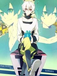 Rule 34 | 3boys, absurdres, arrow (symbol), asuna (doruru-mon), bad id, bad pixiv id, birthday, boots, box, character name, clock, crossed legs, gift, gift box, headphones, highres, kagerou project, kokonose haruka, konoha (kagerou project), looking at viewer, male focus, mole, mole under eye, multiple boys, multiple persona, musical note, notebook, on box, red eyes, short hair, sitting, sitting on object, smile, snake, white hair