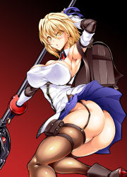 Rule 34 | 10s, 1girl, ass, blonde hair, breasts, claire victorious, cleavage, god eater, god eater 3, huge breasts, kanten, skirt, weapon