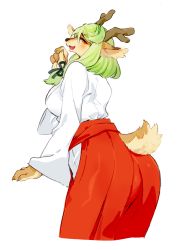 Rule 34 | 1girl, :3, animal ears, animal hands, antlers, bebebe, blush, breasts, claws, cropped legs, deer ears, deer tail, female focus, from behind, furry, furry female, green hair, green ribbon, hair ribbon, hakama, hakama skirt, half-closed eyes, hand up, happy, horns, japanese clothes, kimono, large breasts, long hair, long sleeves, looking at viewer, looking back, open mouth, orange eyes, original, red hakama, ribbon, simple background, skirt, smile, solo, standing, swept bangs, tail, white background, white kimono