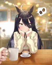 Rule 34 | 1girl, ahoge, animal ears, arm support, black hair, blurry, blurry background, blurry foreground, coffee beans, cup, earrings, frilled shirt collar, frills, hands on own face, highres, horse ears, indoors, jewelry, light blush, long hair, long sleeves, looking at viewer, manhattan cafe (umamusume), multicolored hair, noise, pov, pov hands, saucer, shirt, single earring, smile, speech bubble, spoken object, steam, streaked hair, tiara (871220), umamusume, yellow eyes, yellow shirt