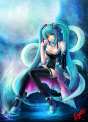 Rule 34 | 1girl, absurdres, aqua hair, artist name, black thighhighs, breasts, choker, detached sleeves, green eyes, hair ribbon, hatsune miku, high heels, highres, jewelry, large breasts, legs, long hair, long legs, necklace, rayka, ribbon, shoes, sitting, solo, thighhighs, thighs, twintails, very long hair, vocaloid, zettai ryouiki