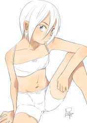 Rule 34 | 1girl, abs, bike shorts, collarbone, female focus, legs, midriff, navel, original, partially colored, satsuyo, short hair, sideways glance, simple background, solo, white background