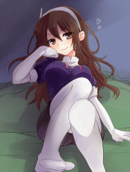 Rule 34 | 10s, 1girl, ashigara (kancolle), blush, breasts, brown eyes, brown hair, couch, elbow gloves, gloves, hair ornament, hairband, heart, kantai collection, large breasts, long hair, nagasioo, pantyhose, personification, sitting, skirt, solo, white gloves, white pantyhose