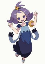 Rule 34 | 1girl, :3, :d, acerola (pokemon), armlet, bad id, bad twitter id, claw pose, creatures (company), dress, flipped hair, game freak, hair ornament, hajime (hajime-ill-1st), highres, looking at viewer, nintendo, open mouth, pokemon, pokemon sm, purple eyes, purple hair, sandals, short hair, smile, solo, stitches, topknot, trial captain