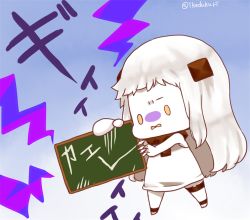 Rule 34 | 10s, 1girl, abyssal ship, board, chalkboard, chibi, claws, colored skin, commentary request, dress, horns, kantai collection, kobone, long hair, mittens, northern ocean princess, pale skin, revision, sleeveless, sleeveless dress, solo, translated, white dress, white hair, white skin