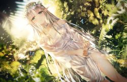 Rule 34 | 1girl, absurdres, animal, backlighting, blue eyes, blurry, blurry foreground, blush, breasts, bug, butterfly, commentary, day, depth of field, dress, dutch angle, elf, flower, flower wreath, grey hair, head wreath, highres, huge filesize, insect, junpaku karen, long hair, looking at viewer, original, outdoors, parted bangs, parted lips, pointy ears, see-through, small breasts, solo, standing, symbol-only commentary, very long hair, water drop, wet, wet clothes, wet dress, white dress, white flower, wringing clothes, wringing dress