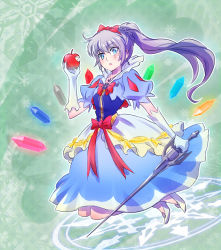 Rule 34 | 1girl, apple, bitten apple, blue eyes, bow, cosplay, disney, food, food bite, fruit, full body, gem, gloves, grey hair, highres, holding, holding sword, holding weapon, iesupa, ponytail, puff and slash sleeves, puffy sleeves, ribbon, rwby, scar, snow white, snow white (cosplay), snow white (disney), snow white (disney) (cosplay), snow white and the seven dwarfs, solo, sword, weapon, weiss schnee, white hair
