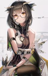Rule 34 | 1girl, absurdres, arknights, armband, bare shoulders, black thighhighs, brown hair, commentary request, glasses, grey background, highres, hiyaori (hiyahiyaval), infection monitor (arknights), looking at viewer, shirt, short hair, silence (arknights), sitting, sleeveless, sleeveless shirt, solo, thighhighs, yellow eyes