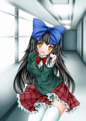 Rule 34 | 1girl, alternate costume, arm behind back, black hair, blazer, blush, bow, checkered clothes, checkered skirt, female focus, frilled skirt, frills, hair bow, hand in own hair, highres, indoors, jacket, long hair, miniskirt, no wings, open mouth, plaid, plaid skirt, red skirt, school uniform, shirt, skirt, smile, solo, star sapphire, strelka belca, thighhighs, touhou, uniform, upskirt, white thighhighs, yellow eyes, zettai ryouiki