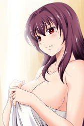 Rule 34 | 1girl, blush, breasts, cleavage, collarbone, fate/grand order, fate (series), hair intakes, highres, jewelry, long hair, medium breasts, naked towel, nishi koutarou, purple hair, red eyes, ring, scathach (fate), sidelocks, smile, solo, towel, wedding band