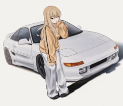 1girl absurdres black_footwear blonde_hair bokuya brown_eyes car closed_mouth commentary_request hand_to_own_mouth highres leaning_forward long_sleeves looking_at_viewer mole motor_vehicle one_eye_closed original oversized_clothes oversized_shirt pants shadow shirt simple_background sleeves_past_wrists smile solo sports_car sweater sweatpants toyota_mr2 toyota_mr2_sw20 vehicle_focus wheel white_background white_pants yellow_sweater