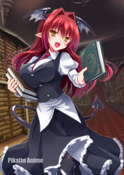 Rule 34 | 1girl, between breasts, black dress, book, bookshelf, boots, breasts, commentary request, demon girl, demon tail, demon wings, dress, hair between eyes, holding, holding book, indoors, knee boots, koakuma, large breasts, library, long hair, looking at viewer, maid, necktie, necktie between breasts, open mouth, outstretched arm, pantyhose, pointy ears, red hair, red necktie, shirt, smile, solo, tail, thigh boots, thighhighs, touhou, white shirt, wings, yamu (reverse noise), yellow eyes