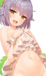 Rule 34 | 10s, 1girl, :d, bad id, bad twitter id, bare shoulders, breasts, brown hair, clothes lift, dress, dress lift, flat chest, grey hair, groin, idolmaster, idolmaster cinderella girls, koshimizu sachiko, looking at viewer, mx2j, navel, no panties, open mouth, out-of-frame censoring, short hair, simple background, small breasts, smile, solo, unfinished, white background