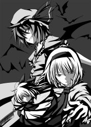 Rule 34 | 2girls, alice margatroid, bat wings, capelet, expressionless, female focus, greyscale, hairband, highres, looking at viewer, lysander z, monochrome, multiple girls, puffy short sleeves, puffy sleeves, remilia scarlet, shaded face, shanghai doll, short hair, short sleeves, touhou, wings