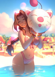 Rule 34 | 1girl, absurdres, aerith gainsborough, ball, bare shoulders, beachball, bikini, blue sky, blurry, blurry background, bracelet, braid, breasts, brown hair, closed mouth, cloud, cloudy sky, collarbone, commentary, costa del sol, day, final fantasy, final fantasy vii, highleg, highleg bikini, highres, holding, jewelry, long hair, medium breasts, moogle, navel, o-ring, o-ring bikini, outdoors, parted bangs, parted lips, partially submerged, pink bikini, raichiyo33, simple background, single braid, sky, smile, solo, stomach, swimsuit, teeth, thighs, tsuaii, wading, water