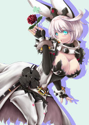 Rule 34 | 1girl, ahoge, aqua eyes, arc system works, blush, boots, breasts, cleavage, clover, collar, dress, elphelt valentine, fingerless gloves, flower, four-leaf clover, gloves, guilty gear, guilty gear xrd, guilty gear xrd: revelator, large breasts, looking at viewer, open mouth, pantyhose, red flower, red rose, rose, shiny clothes, shiny skin, short hair, silver hair, solo, spiked collar, spikes, thigh boots, thighhighs, yappy