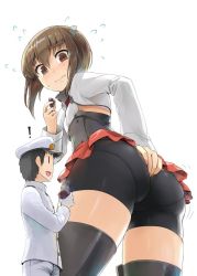 Rule 34 | 1boy, 1girl, admiral (kancolle), ass, bike shorts, blush, brown eyes, brown hair, closed mouth, eating, ebizome, food, giant, giantess, hair between eyes, hand on own ass, hat, headgear, kantai collection, looking at viewer, military, military hat, military uniform, naval uniform, pantylines, peaked cap, pleated skirt, short hair, simple background, skirt, standing, sweet potato, taihou (kancolle), thighhighs, uniform, | |