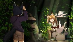 animal_ear_fluff animal_ears black_hair blush brown_hair fox_ears fox_tail hands_up highres hood hoodie japanese_clothes original red_eyes short_hair shorts shrine statue sweatdrop tail yotubawatane