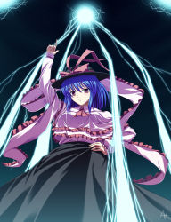 Rule 34 | 1girl, athrun1, athrun1120, bad id, bad pixiv id, black background, blue hair, female focus, gradient background, hand on own hip, hat, hat ribbon, lightning, nagae iku, purple eyes, ribbon, saturday night fever, solo, standing, touhou, witch hat