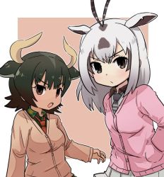 Rule 34 | &gt;:/, &gt;:o, 10s, 2girls, :/, :o, adapted costume, animal ears, antenna hair, arabian oryx (kemono friends), aurochs (kemono friends), b3, border, brown eyes, brown hair, buttons, camouflage, camouflage shirt, collar, collared shirt, cow ears, dark-skinned female, dark skin, grey hair, hands in pockets, horns, kemono friends, long hair, long sleeves, looking at viewer, multicolored hair, multiple girls, necktie, open mouth, outline, outside border, pink background, pleated skirt, pocket, red necktie, shirt, short hair, sidelocks, skirt, striped necktie, striped neckwear, sweater, teeth, tsurime, two-tone hair, upper body, v-shaped eyebrows, white border, white outline