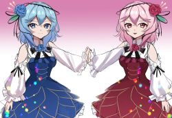 Rule 34 | 2girls, black bow, blue dress, blue eyes, blue flower, blue hair, blue rose, bow, breasts, brown eyes, clothing cutout, commentary, dress, dual persona, english commentary, flower, hair flower, hair ornament, highres, holding hands, looking at viewer, medium breasts, multiple girls, nijisanji, nijisanji en, pink hair, pinkzwei, plant, red dress, red flower, red rose, rose, rosemi lovelock, rosemi lovelock (1st costume), shoulder cutout, sketch, smile, thorns, vines, virtual youtuber