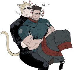 Rule 34 | 2boys, absurdres, albert wesker, anger vein, animal collar, animal ears, bara, bear boy, bear ears, bear tail, beard stubble, black hair, black pants, black shirt, blonde hair, bound, bound ankles, bound legs, bound wrists, cat boy, cat ears, cat tail, chamma yohani, chris redfield, collar, facial hair, grabbing, green shirt, grey pants, highres, large pectorals, leash, licking, licking another&#039;s face, male focus, multiple boys, muscular, muscular male, pants, pectoral grab, pectorals, resident evil, resident evil 5, restrained, shirt, short hair, simple background, sitting, stubble, sunglasses, tail, tongue, tongue out, translation request, white background, yaoi