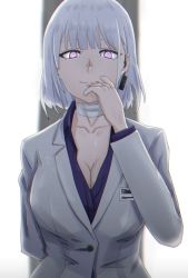Rule 34 | 1ch, 1girl, absurdres, amputee, bandaged neck, bandages, blunt bangs, breasts, cleavage, closed mouth, collarbone, collared shirt, commentary request, finger to mouth, girls&#039; frontline, grey blazer, highres, large breasts, looking at viewer, purple eyes, purple shirt, rpk-16 (girls&#039; frontline), rpk-16 (renate) (girls&#039; frontline), shirt, short hair, silver hair, smile, solo, unbuttoned, unbuttoned shirt